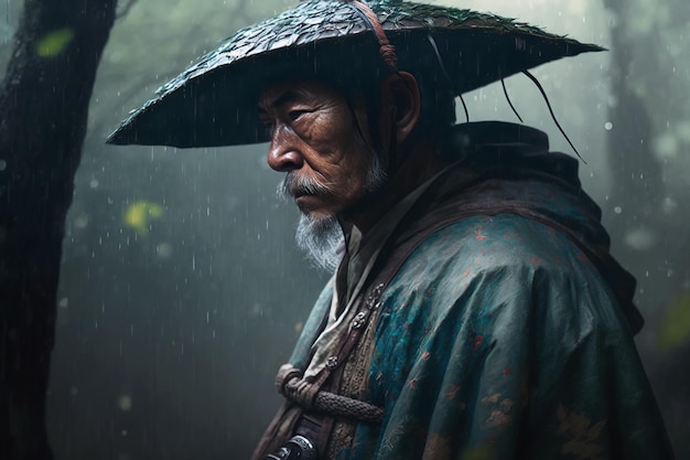 Portret van oude samurai-krijger in traditioneel Japans pantser in bos in regen Generatieve AI-illustratie