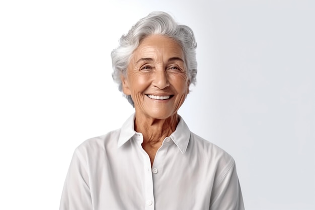 Portret van oude vrouw op witte achtergrond kopieerruimte voor tekst internationale dag van ouderen