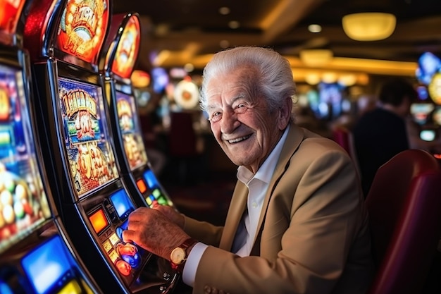 portret van oudere man gokker spelen gokautomaat in casino Speelautomaten in Las Vegas Oma verslaafd aan fruitmachines opgewonden