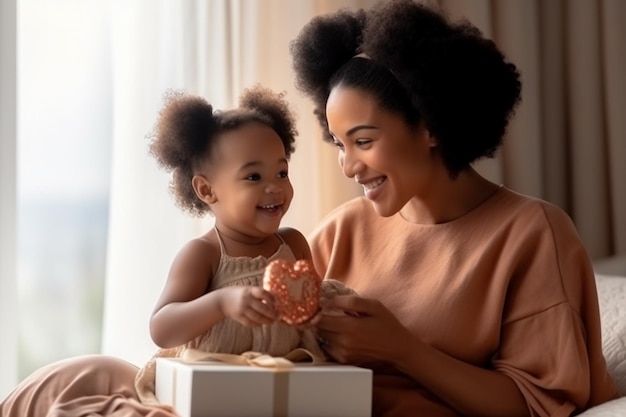 Portret van overgelukkige jonge Afro-Amerikaanse moeder en kleine dochter zitten op de bank, houden verjaardagscadeaus vast, knuffelen en knuffeln, glimlachen.