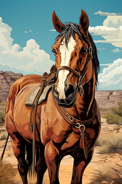 Portret van paard met hoed met coole cowboy gesteld op een hek Vintage Poster 2D Flat Design Art