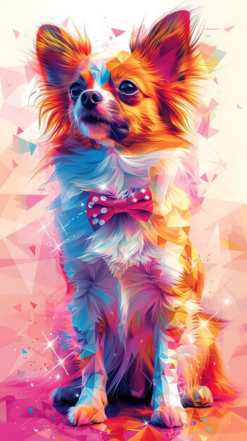 Portret van Papillon Dog met een holografische bont jas Led Bowtie en Cybe Cyber Poster Banner Flyer