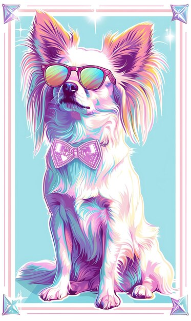 Portret van Papillon Dog met een holografische bont jas Led Bowtie en Cybe Cyber Poster Banner Flyer