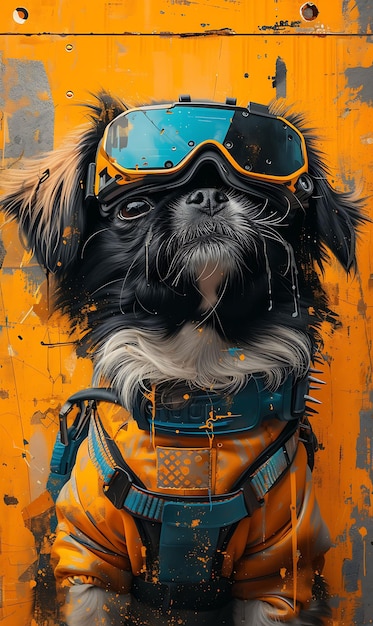 Portret van Pekingese hond met een cybernetische kaak Augmented Reality Glasse Cyber Poster Banner Flyer