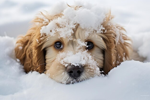 Portret van Puppy bedekt met sneeuw