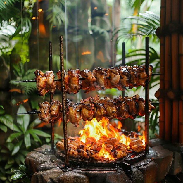 Foto portret van rotisserie grill die een groep kippen draait