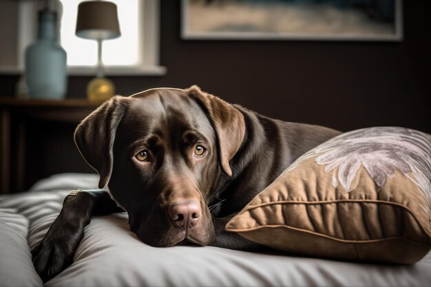 Portret van schattige bruine hond op bed gemaakt met behulp van generatieve AI-technologie