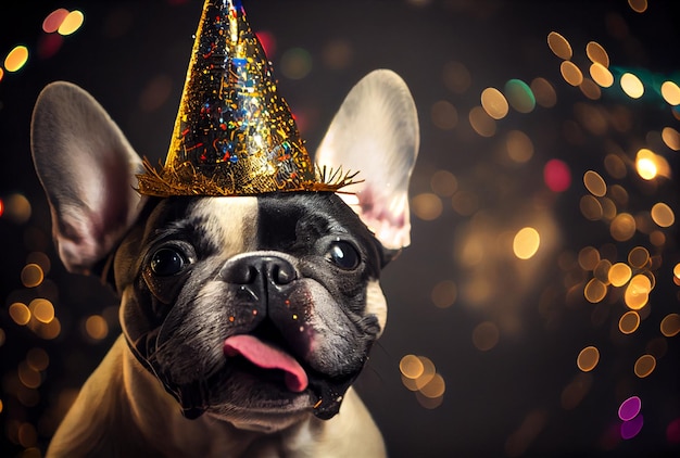 Portret van schattige, gelukkige Franse Bulldog in het feest met bokehlicht en confetti op de donkere achtergrond Generatieve AI