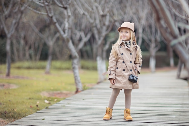Portret van schattige kleine blonde meisje in herfst park
