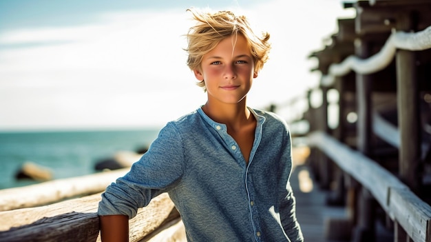 Portret van schattige tienerjongen met blond haar poseren tegen de zee Kopieer ruimte Generatieve AI