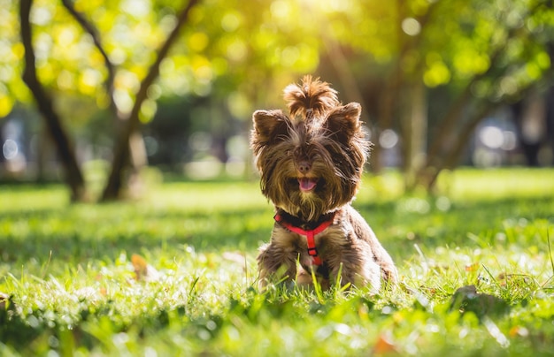 Portret van schattige yorkshire terrier hond in het park