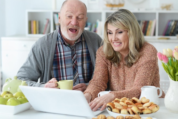 Portret van senior koppel met laptop tijdens het ontbijt