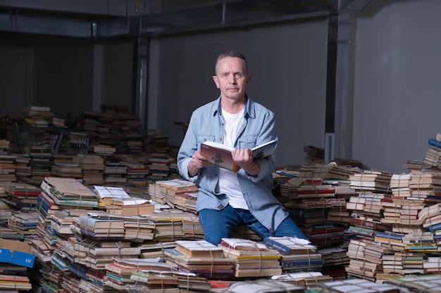 Foto portret van senior man met open boek en camera kijken