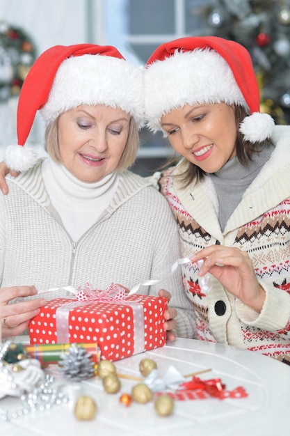 Portret van senior vrouw en jonge vrouw met kerstcadeau