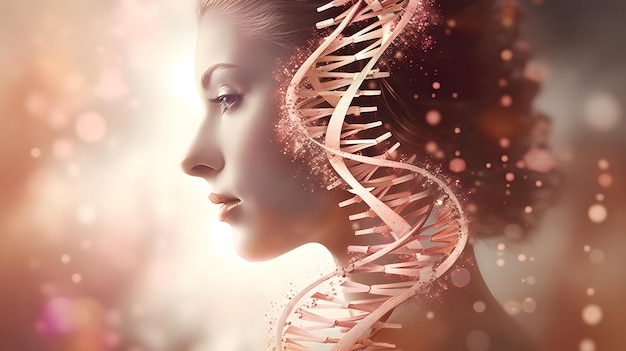 Portret van sensuele vrouw onder DNA-structuurketens Schoonheid DNA-modificatie Jeugd en onsterfelijkheid Generatieve AixA