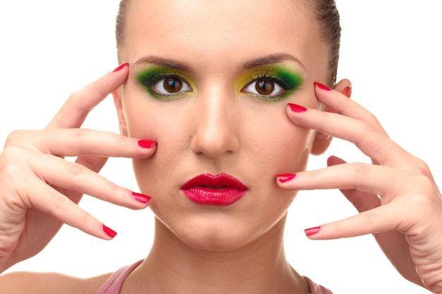 Portret van sexy jonge vrouw met glamour make-up en rode manicure