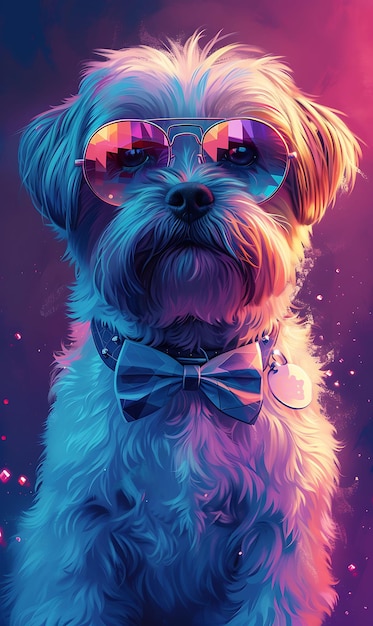 Portret van Shih Tzu Dog met een holografisch bontpatroon Led Bowtie en C Cyber Poster Banner Flyer