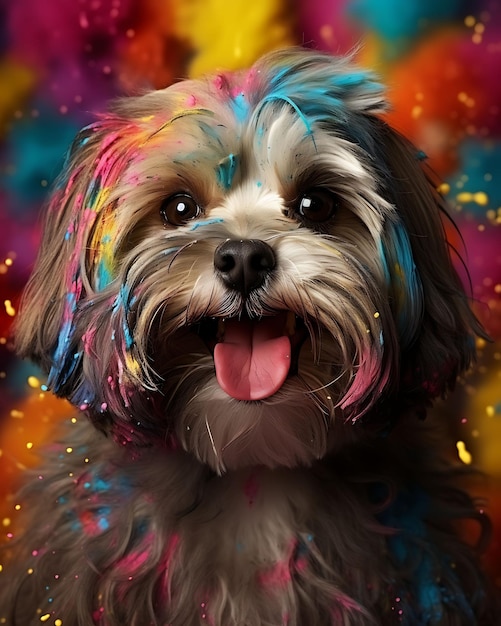 Portret van Shih Tzu Dog versierd met ingewikkelde Holi Festival kleuren Sitti Pet feestelijk kostuum Foto