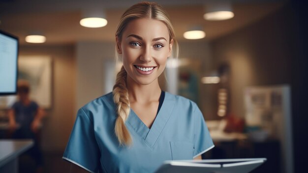 Foto portret van smile vrouwelijke medische assistent met klembord in de kliniek