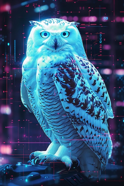 Portret van Snowy Owl met Cybernetic Wing Enhancements Glowing Blue Eye Cyber Poster Banner Flyer