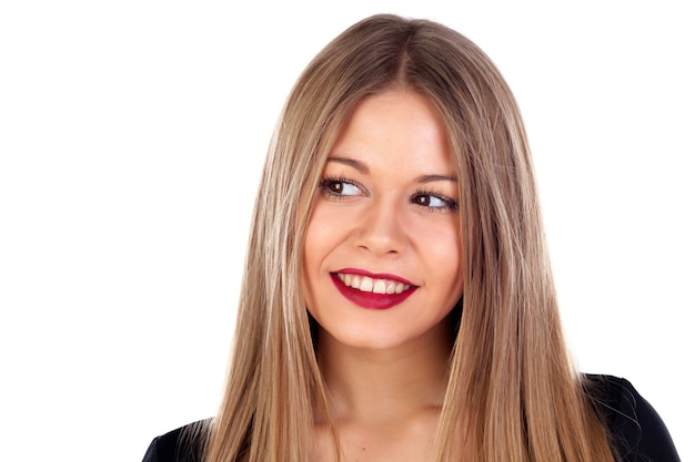 Portret van stijlvol meisje met lang blond haar en rode lippen