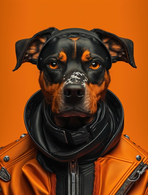 Portret van stoute honden die een jas op een oranje achtergrond dragen Generatieve AI gemaakt