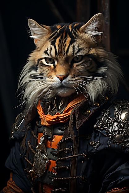 Portret van Tiger Buccaneer Costume Eye Patch Cutlass Sword Ruffled Shir Animal Arts Collections