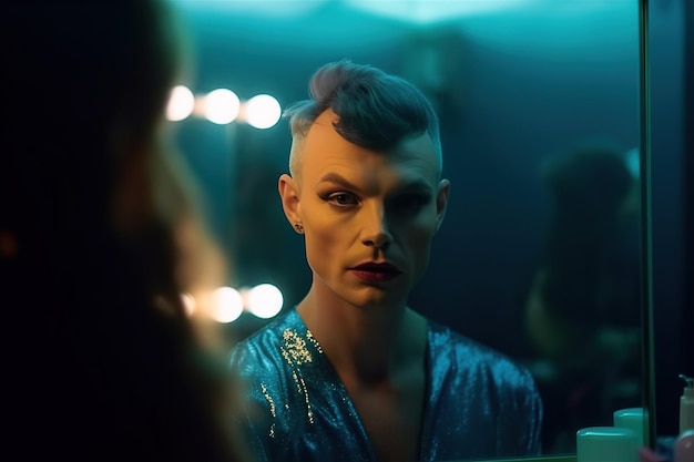 Portret van transgender drag queen man met make-up de spiegel generatieve ai