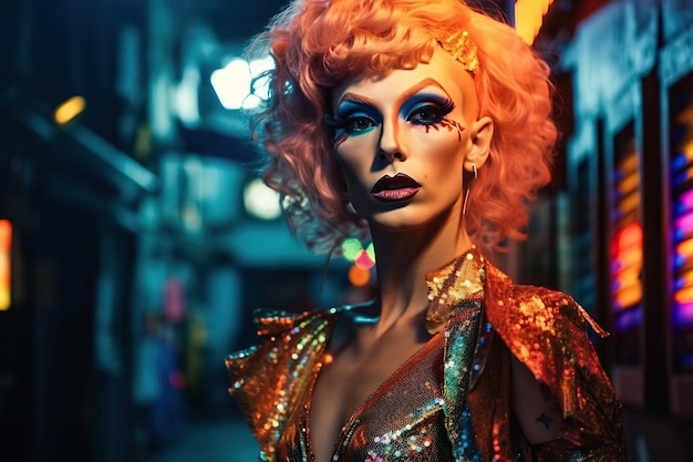 Foto portret van transgender drag queen man met make-up in damesjurk generatieve ai