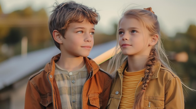 Foto portret van twee blanke tieners jongen en meisje die samen buiten staan