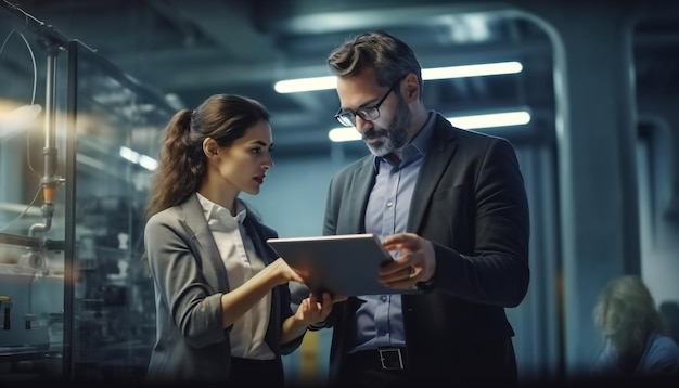 Portret van twee creatieve jonge vrouwelijke en mannelijke ingenieurs met tablets