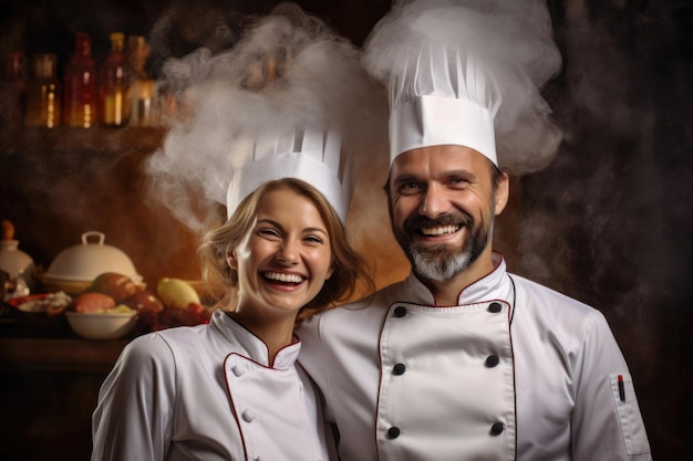 Portret van twee gelukkig lachende chef-koks