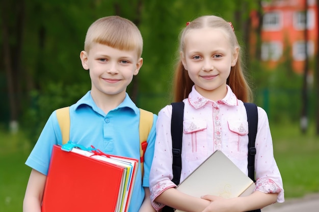 Foto portret van twee gelukkige kinderen met een notitieboek en leerboeken buiten gemaakt met generatieve ai