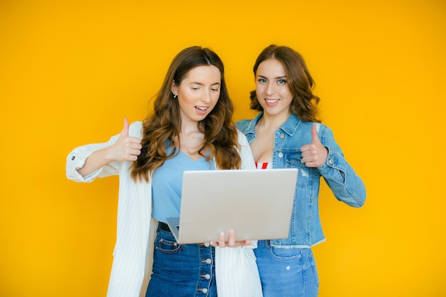 Portret van twee geschokte jonge mee-etermeisjes die met de vinger wijzen op de laptopcomputer op geel