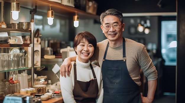 Portret van twee glimlachende Aziatische ondernemers die gastvrij samenstaan in hun trendy café gecreëerd met Generative AI-technologie