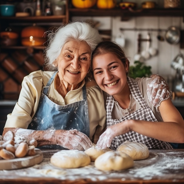 Foto portret van twee glimlachende vrouwen gepensioneerde grootmoeder en jonge volwassen kleindochter die aan de keukentafel koken