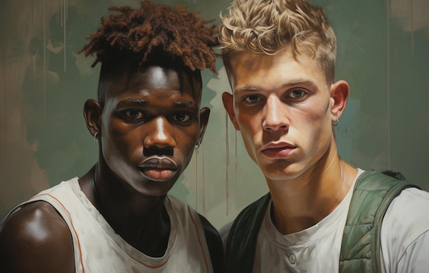 Portret van twee jonge Afro-Amerikaanse en blanke mannen die over een zwarte achtergrond staan Studio opname