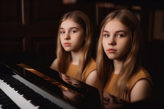 Portret van twee jonge meisjes die samen piano spelen, gemaakt met generatieve AI