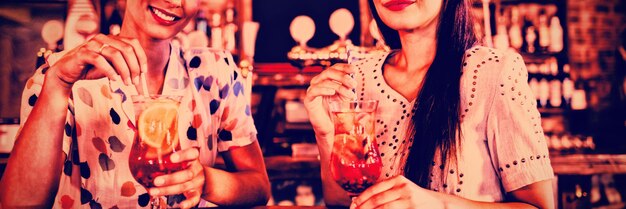 Portret van twee jonge vrouwen die cocktaildrankjes drinken