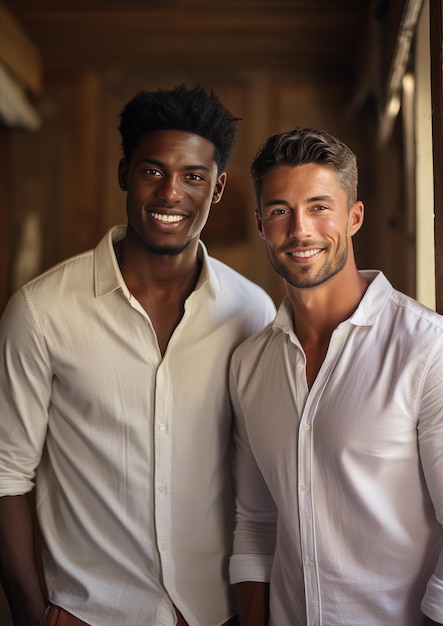 Portret van twee knappe mannen die modelleren Donkere mensen Generatieve AI