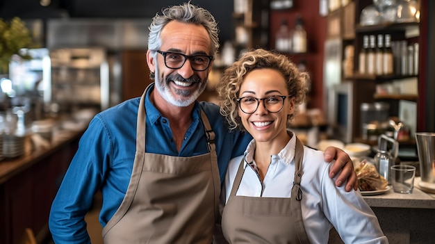 Portret van twee lachende ondernemers die gastvrij samen staan in hun trendy caféGemaakt met generatieve AI-technologie