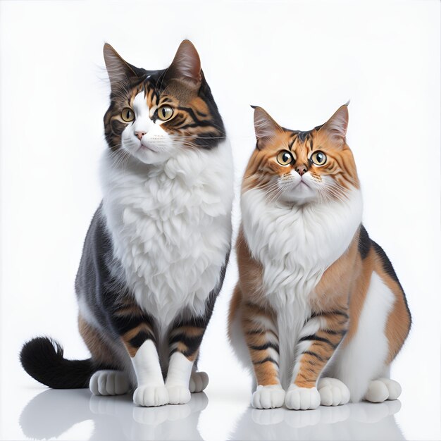 Portret van twee Maine Coon-katten die op witte achtergrond zitten