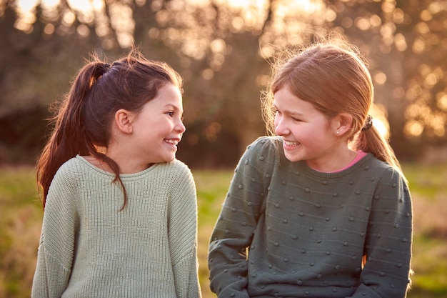 Portret van twee meisjes die buiten lachen en samen praten