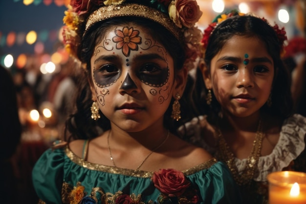 Portret van twee meisjes met kaarsen en traditionele kostuum op de nacht van de doden in Mexico