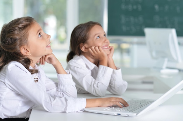 Portret van twee mooie kleine meisjes in de klas met laptop