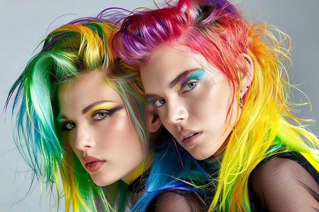 Foto portret van twee mooie meisjes met regenboog neon asymmetrische haarstijl op grijze achtergrond