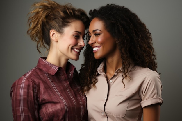 Portret van twee mooie multinationale lesbische vrouwen in casual shirts op een grijze achtergrond