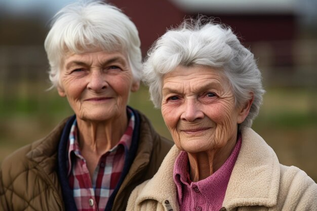 Portret van twee oudere vrouwen die buiten op een boerderij staan met vrienden gemaakt met generatieve ai