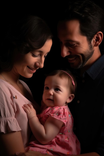 Portret van twee ouders die hun babymeisje vasthouden, gemaakt met generatieve ai