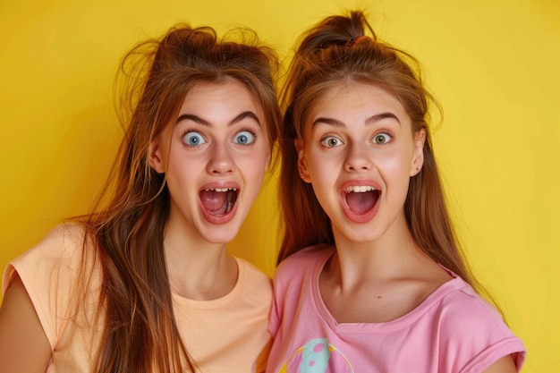 Portret van twee vrolijke meisjes op een felgele achtergrond